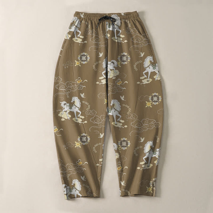 Buddha Stones Pure Cotton White Horse Cloud Blossom Pattern Drawstring Men's Tapered Pants With Pockets - image 13