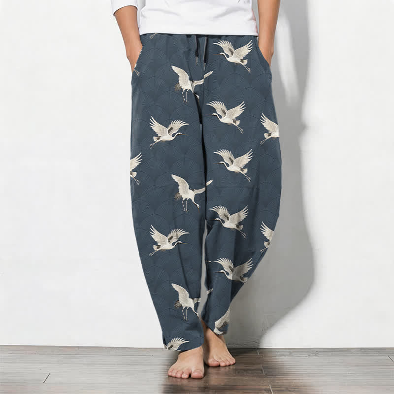Buddha Stones Pure Cotton Flying White Crane Pattern Drawstring Men's Tapered Pants With Pockets - SteelBlue - US/UK/AU50，EU60 (5XL) - image 0