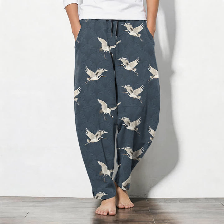 Buddha Stones Pure Cotton Flying White Crane Pattern Drawstring Men's Tapered Pants With Pockets - SteelBlue - US/UK/AU50，EU60 (5XL) - image 0