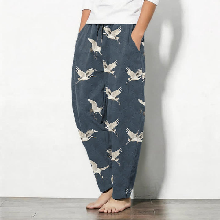 Buddha Stones Pure Cotton Flying White Crane Pattern Drawstring Men's Tapered Pants With Pockets - image 1