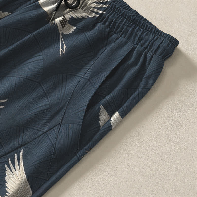 Buddha Stones Pure Cotton Flying White Crane Pattern Drawstring Men's Tapered Pants With Pockets - image 4