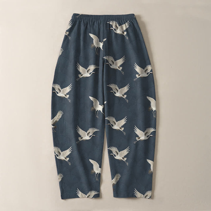 Buddha Stones Pure Cotton Flying White Crane Pattern Drawstring Men's Tapered Pants With Pockets - image 3