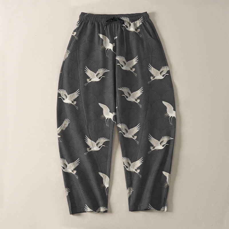 Buddha Stones Pure Cotton Flying White Crane Pattern Drawstring Men's Tapered Pants With Pockets - image 9