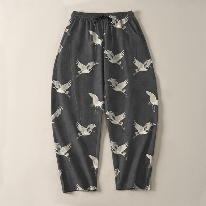 Buddha Stones Pure Cotton Flying White Crane Pattern Drawstring Men's Tapered Pants With Pockets - image 9