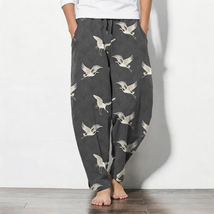 Buddha Stones Pure Cotton Flying White Crane Pattern Drawstring Men's Tapered Pants With Pockets - DimGray - US/UK/AU50，EU60 (5XL) - image 7