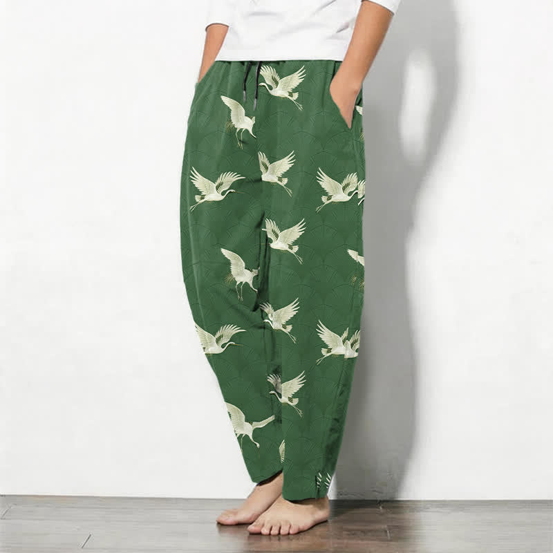 Buddha Stones Pure Cotton Flying White Crane Pattern Drawstring Men's Tapered Pants With Pockets - image 12