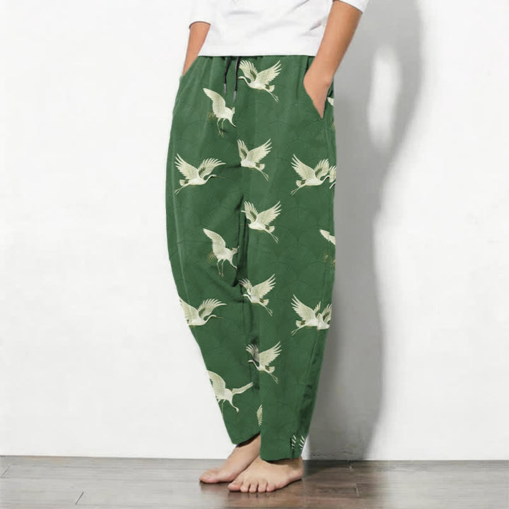 Buddha Stones Pure Cotton Flying White Crane Pattern Drawstring Men's Tapered Pants With Pockets - image 12