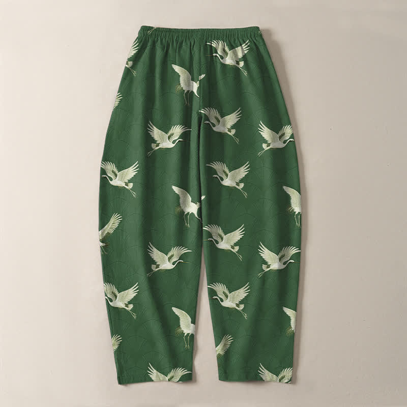 Buddha Stones Pure Cotton Flying White Crane Pattern Drawstring Men's Tapered Pants With Pockets - image 14
