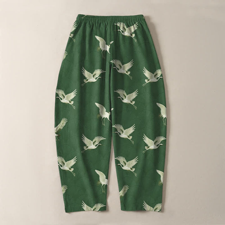 Buddha Stones Pure Cotton Flying White Crane Pattern Drawstring Men's Tapered Pants With Pockets - image 14