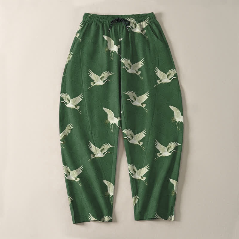 Buddha Stones Pure Cotton Flying White Crane Pattern Drawstring Men's Tapered Pants With Pockets - image 13