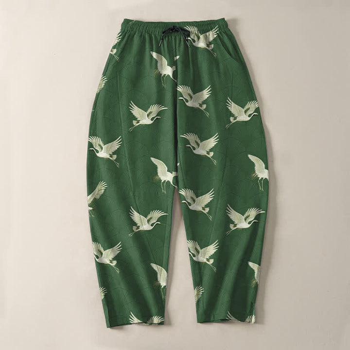 Buddha Stones Pure Cotton Flying White Crane Pattern Drawstring Men's Tapered Pants With Pockets - image 13