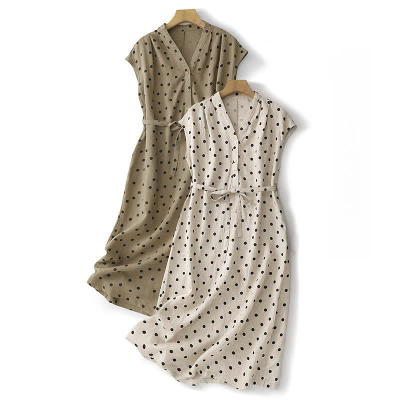 Buddha Stones Summer Polka Dot V-Neck Lace-up Cotton Linen Women's Midi Dress With Pockets - image 20