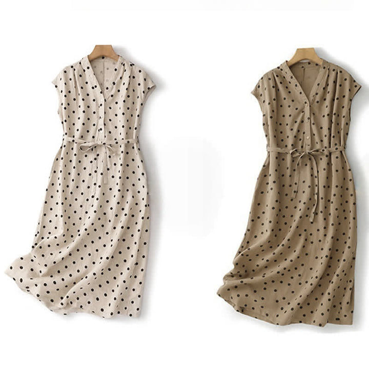 Buddha Stones Summer Polka Dot V-Neck Lace-up Women's Knee Length Dress With Pockets - image 21