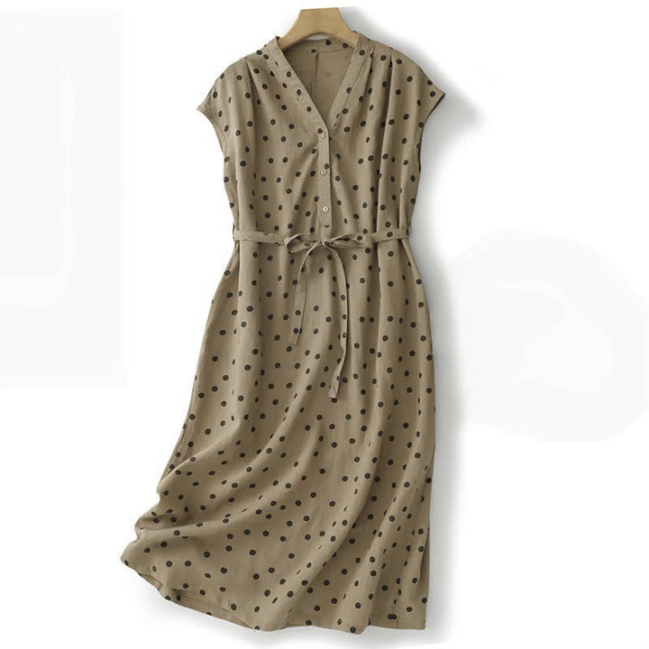 Buddha Stones Summer Polka Dot V-Neck Lace-up Cotton Linen Women's Midi Dress With Pockets - Tan - US14，UK/AU18，EU46 (2XL) - image 0