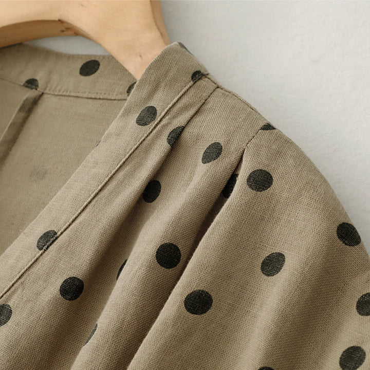Buddha Stones Summer Polka Dot V-Neck Lace-up Cotton Linen Women's Midi Dress With Pockets - image 2