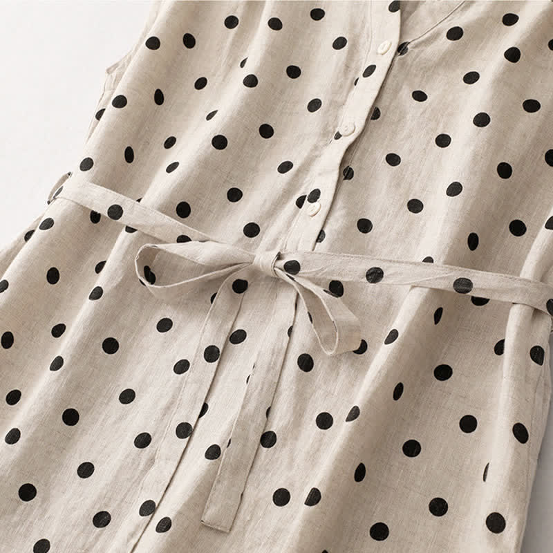 Buddha Stones Summer Polka Dot V-Neck Lace-up Women's Knee Length Dress With Pockets - image 15