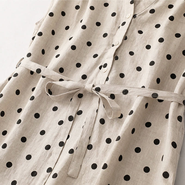 Buddha Stones Summer Polka Dot V-Neck Lace-up Women's Knee Length Dress With Pockets - image 15