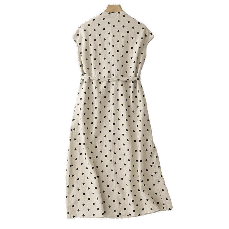 Buddha Stones Summer Polka Dot V-Neck Lace-up Women's Knee Length Dress With Pockets - image 9