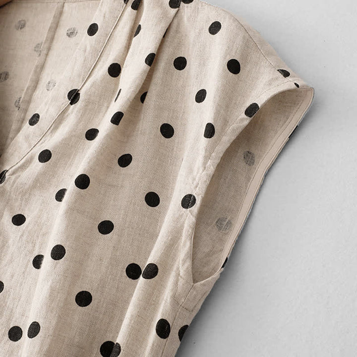Buddha Stones Summer Polka Dot V-Neck Lace-up Women's Knee Length Dress With Pockets - image 13