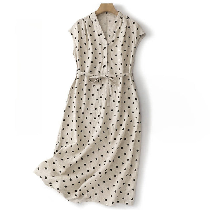 Buddha Stones Summer Polka Dot V-Neck Lace-up Women's Knee Length Dress With Pockets - White - US14，UK/AU18，EU46 (2XL) - image 8