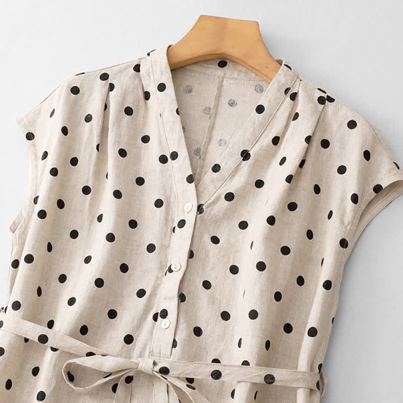 Buddha Stones Summer Polka Dot V-Neck Lace-up Women's Knee Length Dress With Pockets - image 10