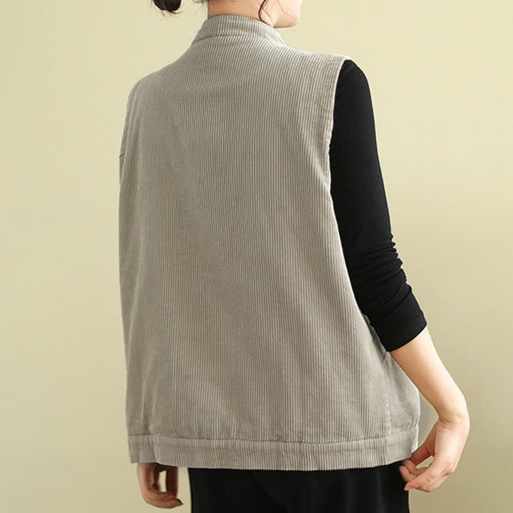 Buddha Stones Plain Sleeveless Women's Cotton Vest Corduroy Waistcoat With Pockets - image 3