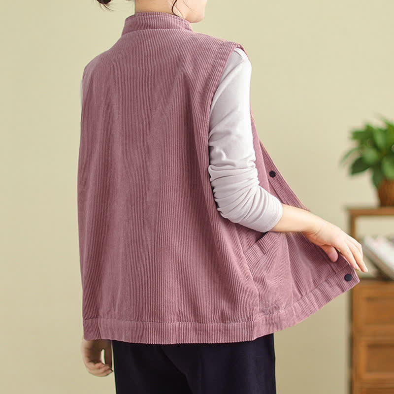Buddha Stones Plain Sleeveless Women's Cotton Vest Corduroy Waistcoat With Pockets - image 11