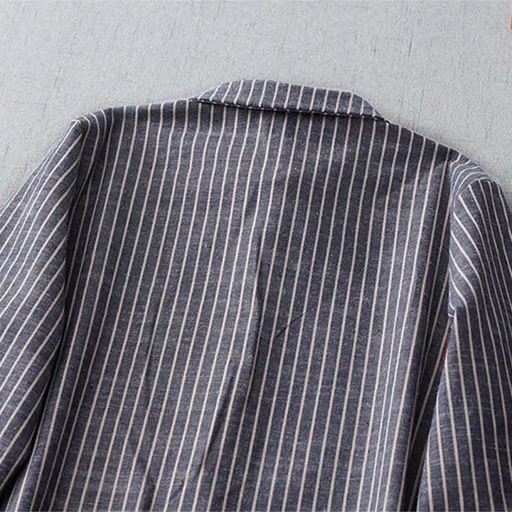 Buddha Stones LightSteelBlue White Striped Long Sleeve Lapel Cotton Linen Midi Dress With Pockets - image 3