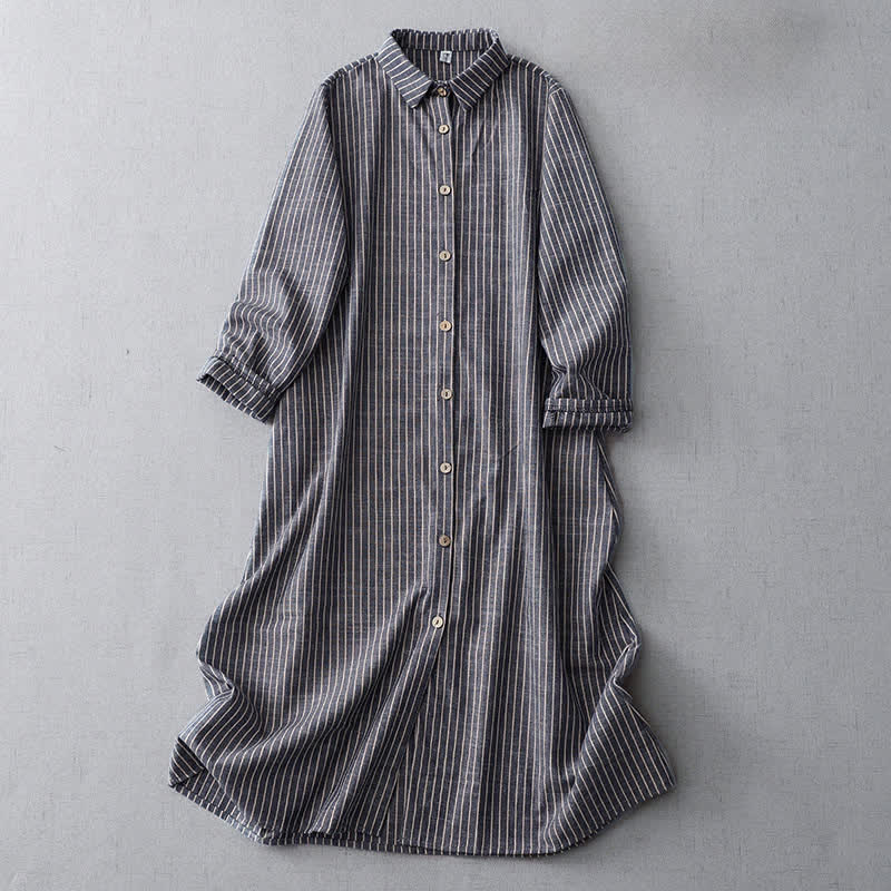 Buddha Stones LightSteelBlue White Striped Long Sleeve Lapel Cotton Linen Midi Dress With Pockets - LightSteelBlue - US14，UK/AU18，EU46 (2XL) - image 0