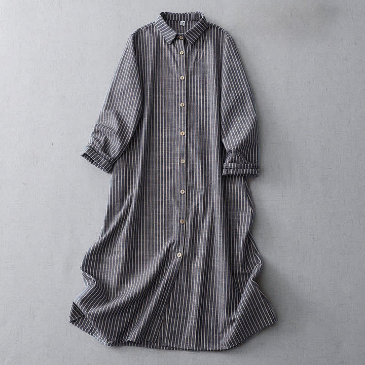 Buddha Stones LightSteelBlue White Striped Long Sleeve Lapel Cotton Linen Midi Dress With Pockets - LightSteelBlue - US14，UK/AU18，EU46 (2XL) - image 0
