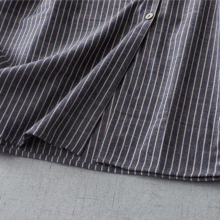 Buddha Stones LightSteelBlue White Striped Long Sleeve Lapel Cotton Linen Midi Dress With Pockets - image 8