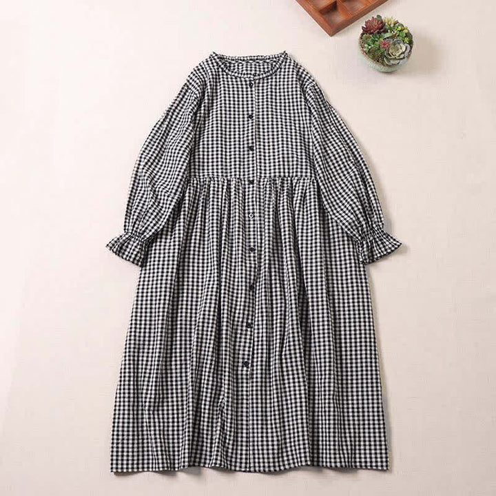 Buddha Stones Long Sleeve Plaid Simple Buttons Ruffled Design Midi Dress With Pockets - Black White Plaid - US8-10，UK/AU12-14，EU40-42 (2XL) - image 6