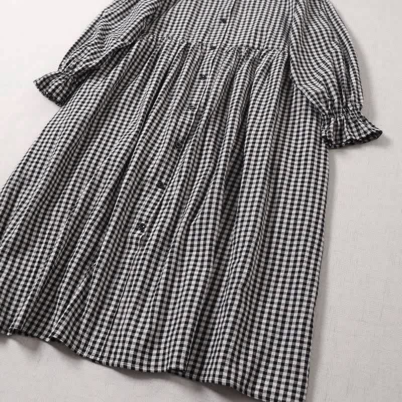 Buddha Stones Long Sleeve Plaid Simple Buttons Ruffled Design Midi Dress With Pockets - image 9