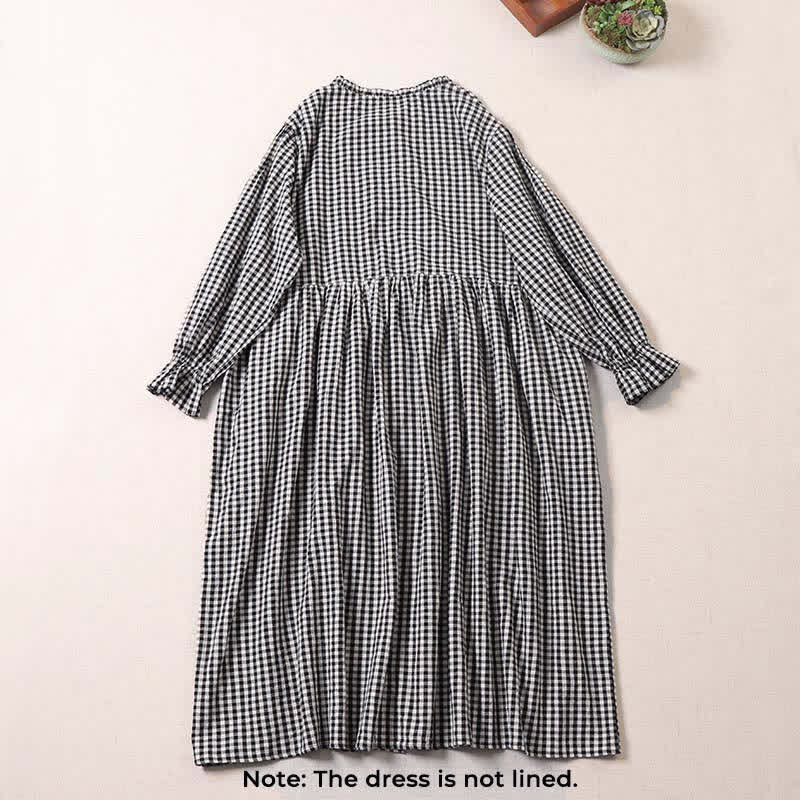 Buddha Stones Long Sleeve Plaid Simple Buttons Ruffled Design Midi Dress With Pockets - image 7