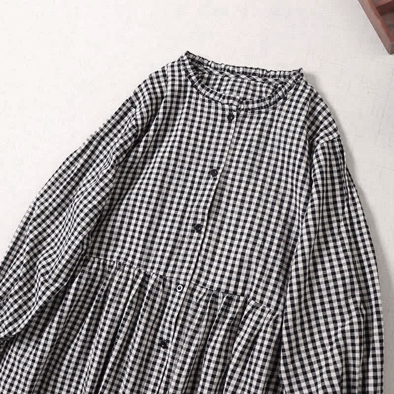 Buddha Stones Long Sleeve Plaid Simple Buttons Ruffled Design Midi Dress With Pockets - image 8