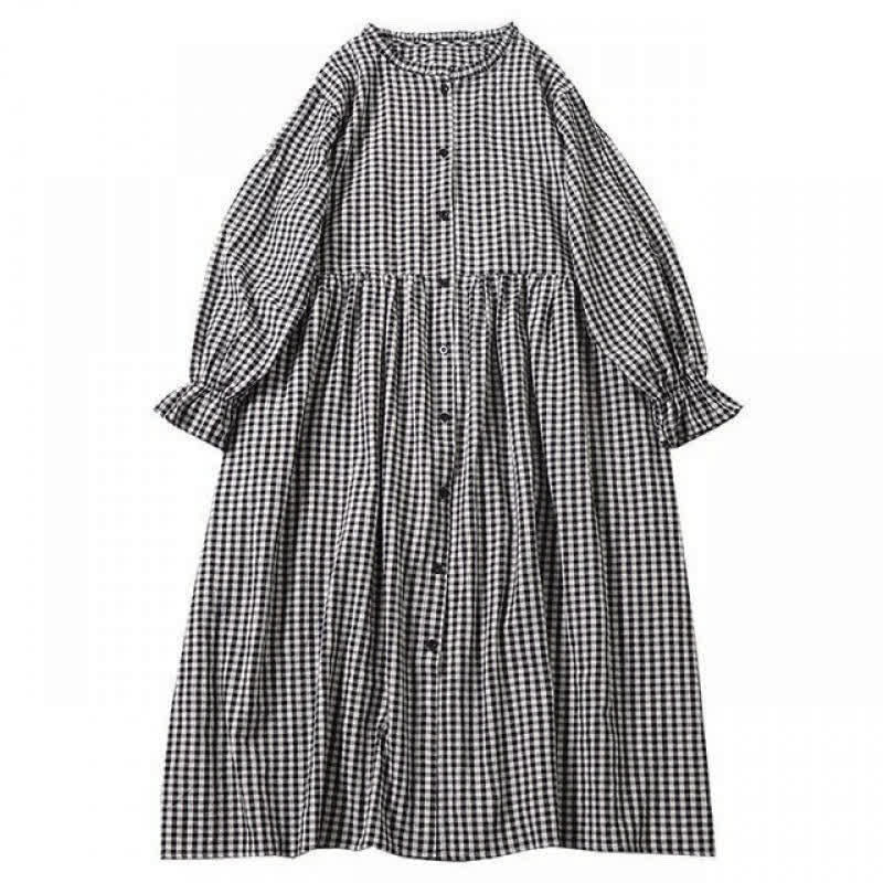 Buddha Stones Long Sleeve Plaid Simple Buttons Ruffled Design Midi Dress With Pockets - image 19