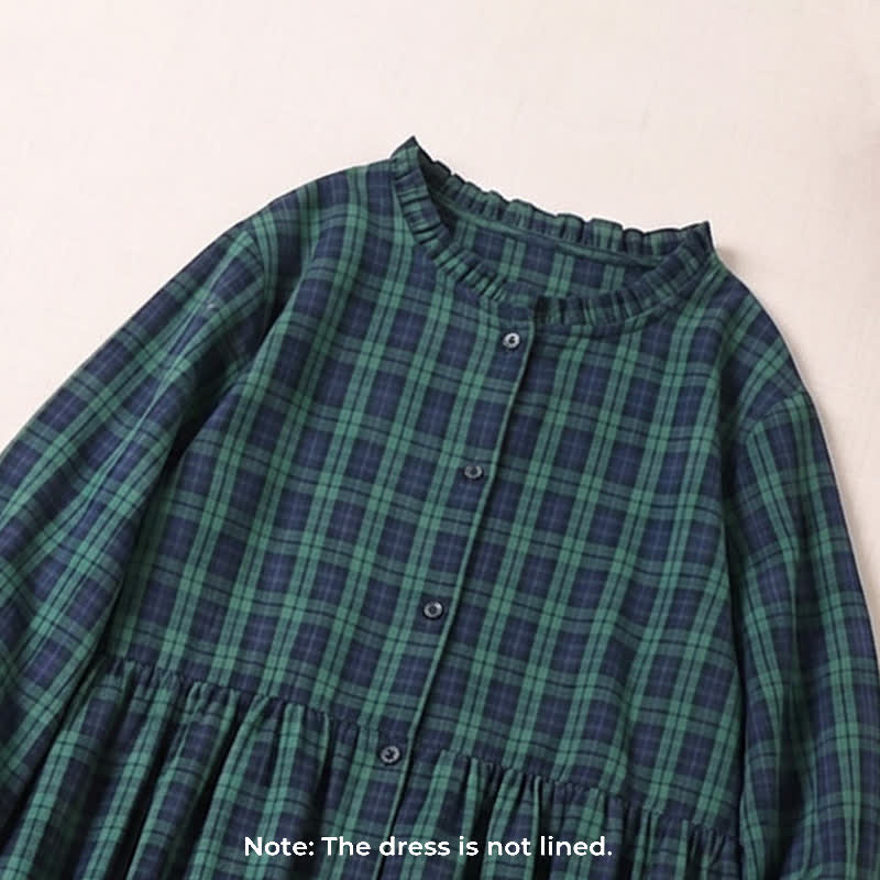 Buddha Stones Long Sleeve Plaid Simple Buttons Ruffled Design Midi Dress With Pockets - image 1