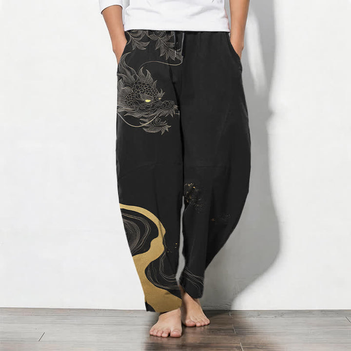 Buddha Stones Pure Cotton Golden Dragon Cloud Wave Pattern Drawstring Men's Tapered Pants With Pockets - Black - US/UK/AU50，EU60 (5XL) - image 0