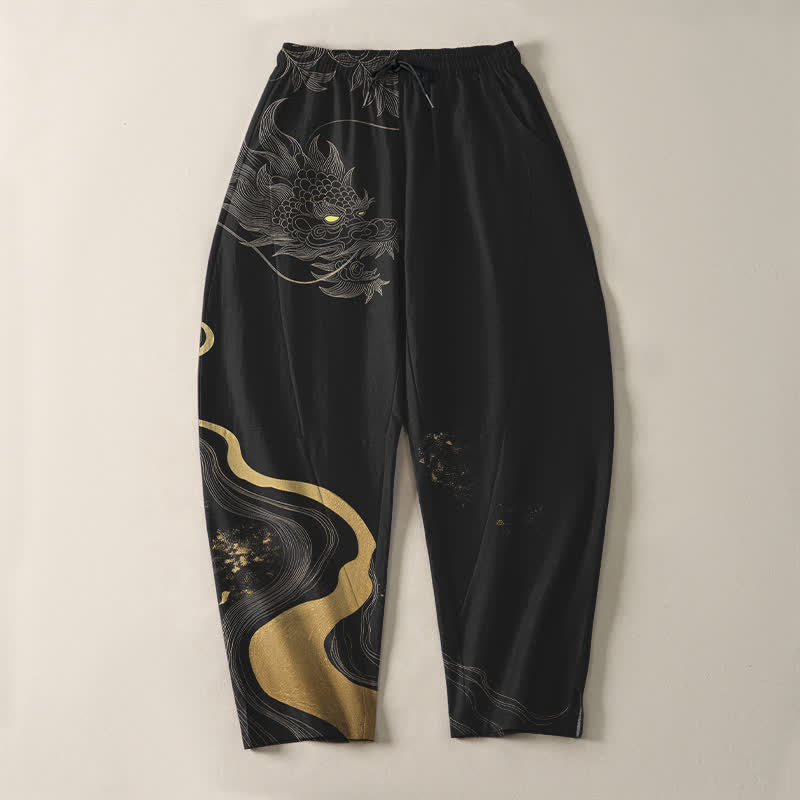 Buddha Stones Pure Cotton Golden Dragon Cloud Wave Pattern Drawstring Men's Tapered Pants With Pockets - image 2
