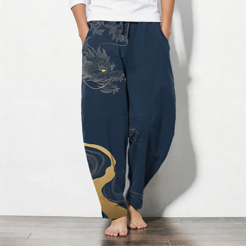 Buddha Stones Pure Cotton Golden Dragon Cloud Wave Pattern Drawstring Men's Tapered Pants With Pockets - Navy - US/UK/AU50，EU60 (5XL) - image 7
