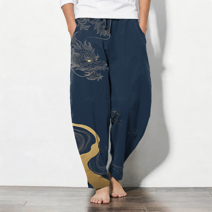 Buddha Stones Pure Cotton Golden Dragon Cloud Wave Pattern Drawstring Men's Tapered Pants With Pockets - Navy - US/UK/AU50，EU60 (5XL) - image 7