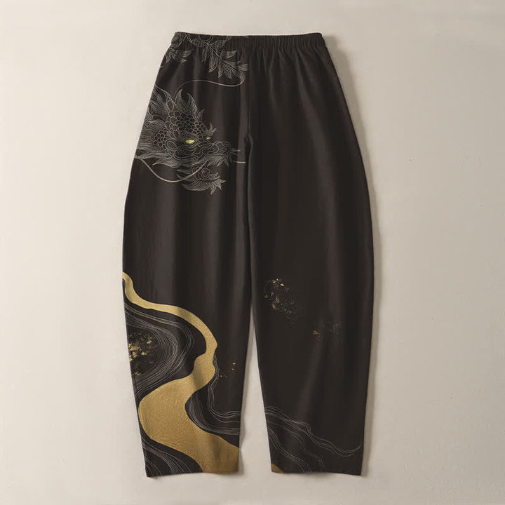 Buddha Stones Pure Cotton Golden Dragon Cloud Wave Pattern Drawstring Men's Tapered Pants With Pockets - image 14