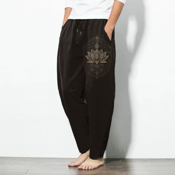 Buddha Stones Pure Cotton Lotus Mandala Geometry Pattern Drawstring Men's Tapered Pants With Pockets - image 1