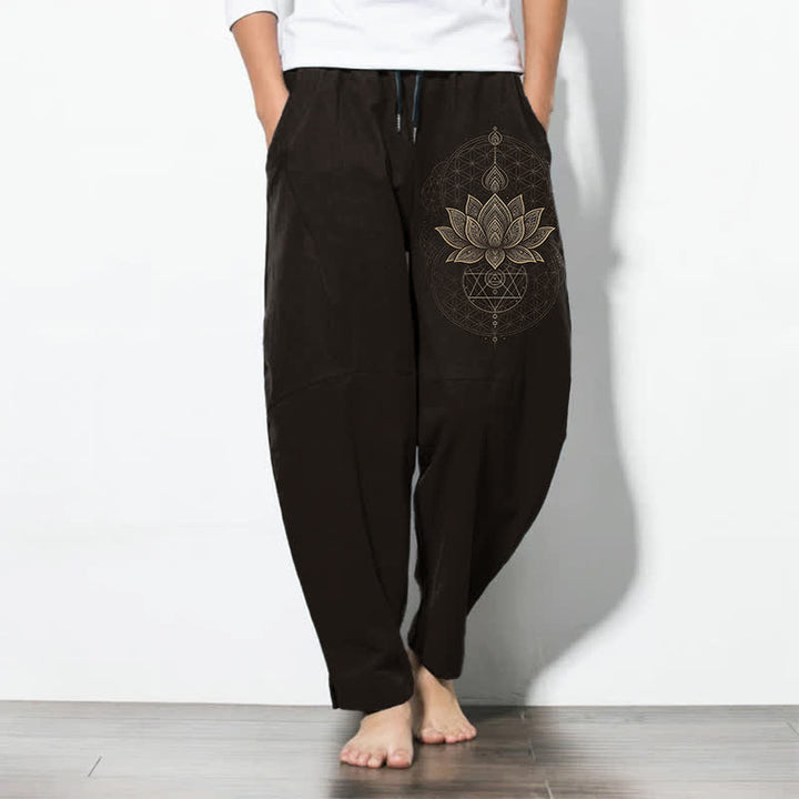 Buddha Stones Pure Cotton Lotus Mandala Geometry Pattern Drawstring Men's Tapered Pants With Pockets - Black - US/UK/AU50，EU60 (5XL) - image 0