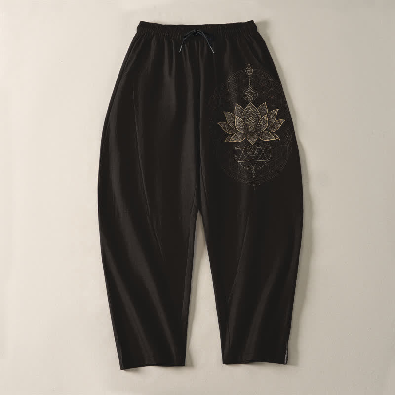 Buddha Stones Pure Cotton Lotus Mandala Geometry Pattern Drawstring Men's Tapered Pants With Pockets - image 2