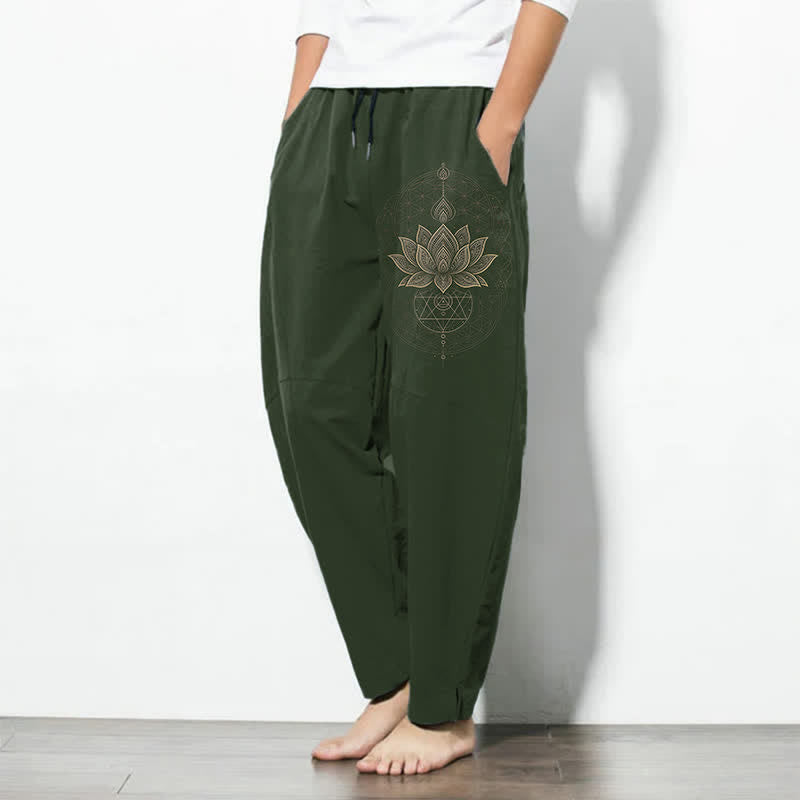 Buddha Stones Pure Cotton Lotus Mandala Geometry Pattern Drawstring Men's Tapered Pants With Pockets - image 8