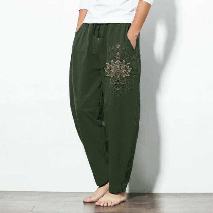 Buddha Stones Pure Cotton Lotus Mandala Geometry Pattern Drawstring Men's Tapered Pants With Pockets - image 8