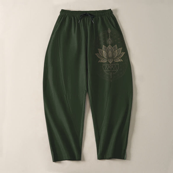 Buddha Stones Pure Cotton Lotus Mandala Geometry Pattern Drawstring Men's Tapered Pants With Pockets - image 9
