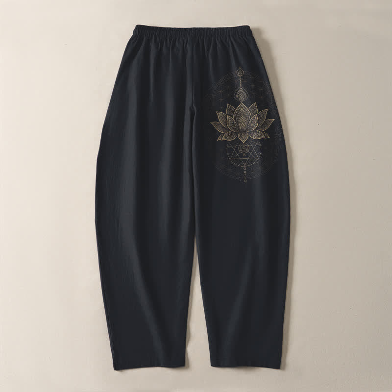 Buddha Stones Pure Cotton Lotus Mandala Geometry Pattern Drawstring Men's Tapered Pants With Pockets - image 14