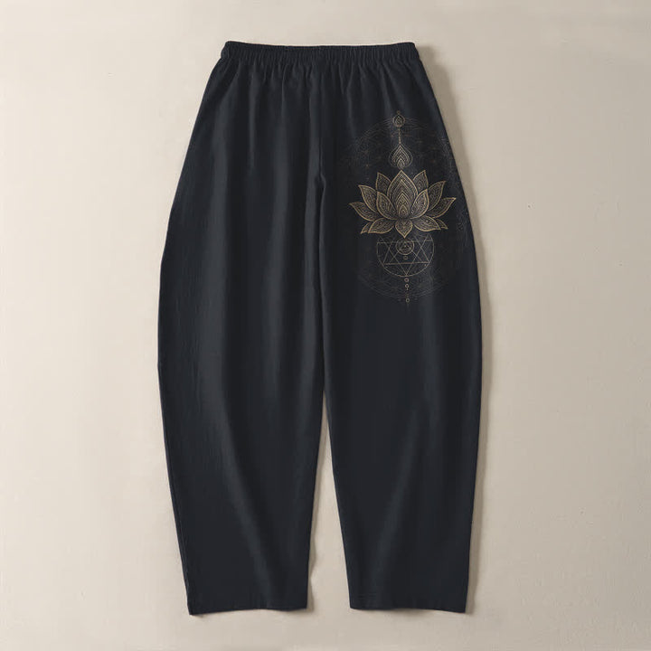 Buddha Stones Pure Cotton Lotus Mandala Geometry Pattern Drawstring Men's Tapered Pants With Pockets - image 14